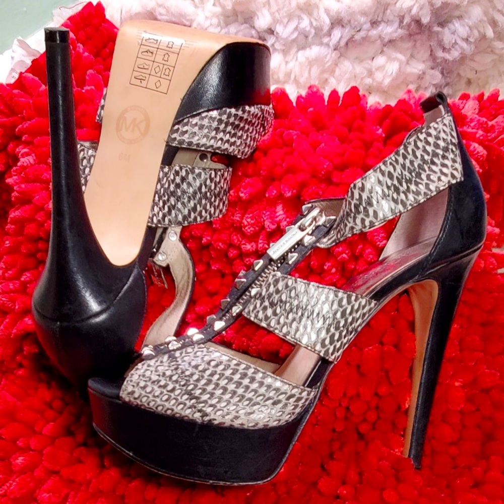 MICHAEL KORS snakeskin zipped front studded cage platform sandals